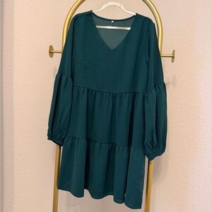 Babydoll V-Neck Long Sleeve Dress in Deep Green